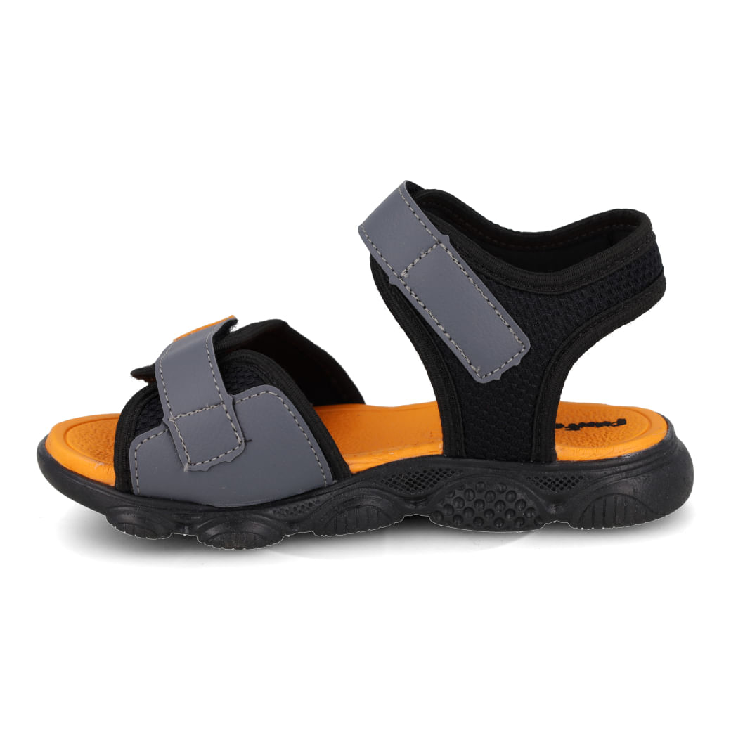 Papete infantil masculino Funfeet cinza grafite com detalhes em preto e laranja, vista lateral esquerda